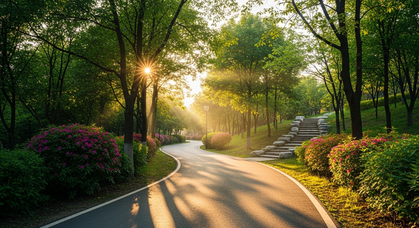 Đường lát đá uốn lượn trong công viên thanh bình dưới nắng hoàng hôn vàng dịu, với cây xanh, bụi hoa và cầu thang mời gọi, khuyến khích vận động, không khí trong lành và một lối sống lành mạnh.