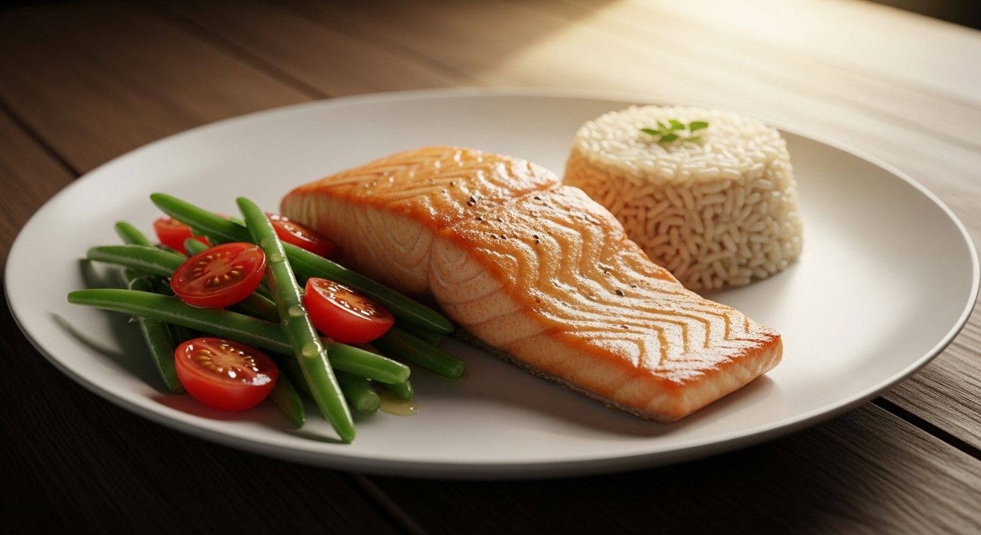 Bữa ăn lành mạnh với cá hồi áp chảo, đậu que, cà chua bi và cơm gạo lứt. Hoàn hảo cho chế độ dinh dưỡng cân bằng và giúp bạn dễ dàng giảm đồ ngọt.