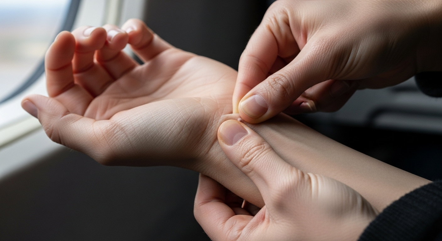 Cận cảnh bàn tay đang ấn huyệt P6 trên cổ tay, một mẹo vặt sức khỏe hữu ích để giảm cảm giác khó chịu khi di chuyển hoặc du lịch.