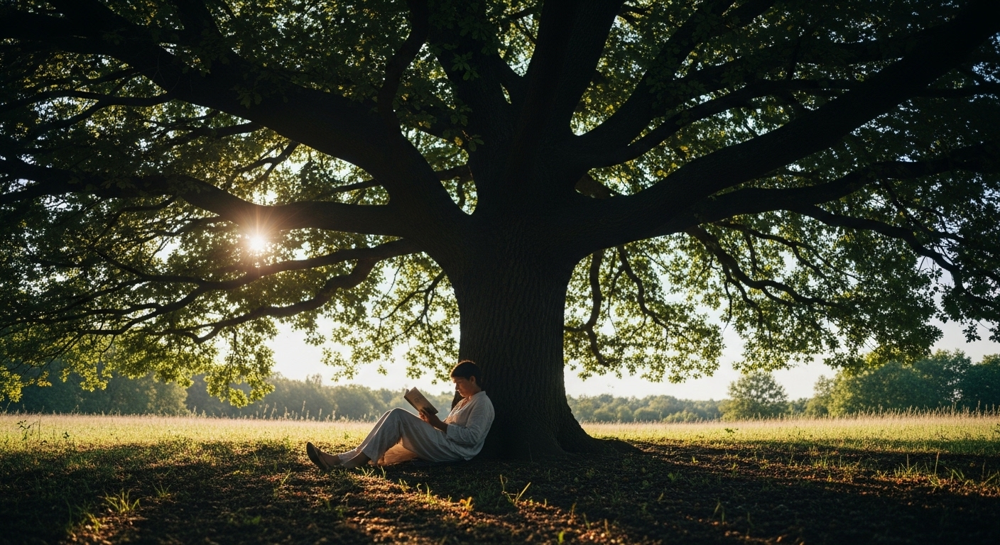 Người đọc sách thư thái dưới bóng cây râm mát trong nắng hè, cách lý tưởng để bảo vệ tim mạch mùa hè khỏi nắng nóng gay gắt.