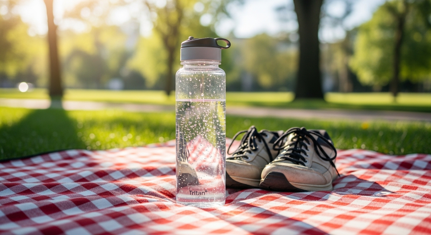 Bình nước tái sử dụng và giày đi bộ trên thảm picnic trong công viên. Chuẩn bị thiết yếu để giữ gìn sức khỏe trong kỳ nghỉ năng động. Bình nước tái sử dụng và giày đi bộ trên thảm picnic trong công viên. Chuẩn bị thiết yếu để giữ gìn sức khỏe trong kỳ nghỉ năng động.