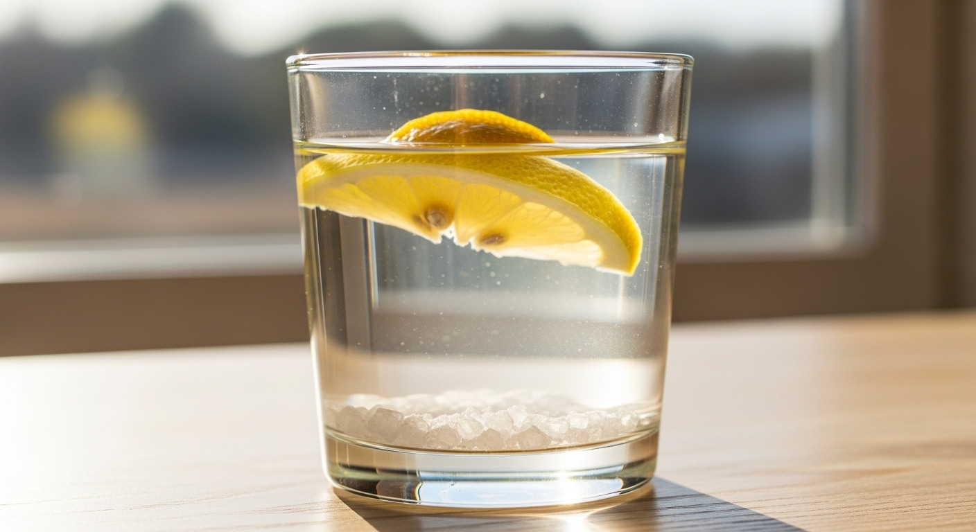 Ly nước ấm với lát chanh tươi và muối hạt trên bàn gỗ sáng màu cạnh cửa sổ nắng, minh họa mẹo vặt cuộc sống đơn giản.