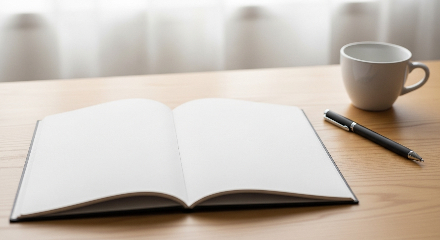 Sổ tay mở trên bàn gỗ sáng màu, hiển thị các trang giấy trắng tinh sẵn sàng cho một bài viết trống, cạnh bút đen và cốc cà phê rỗng.