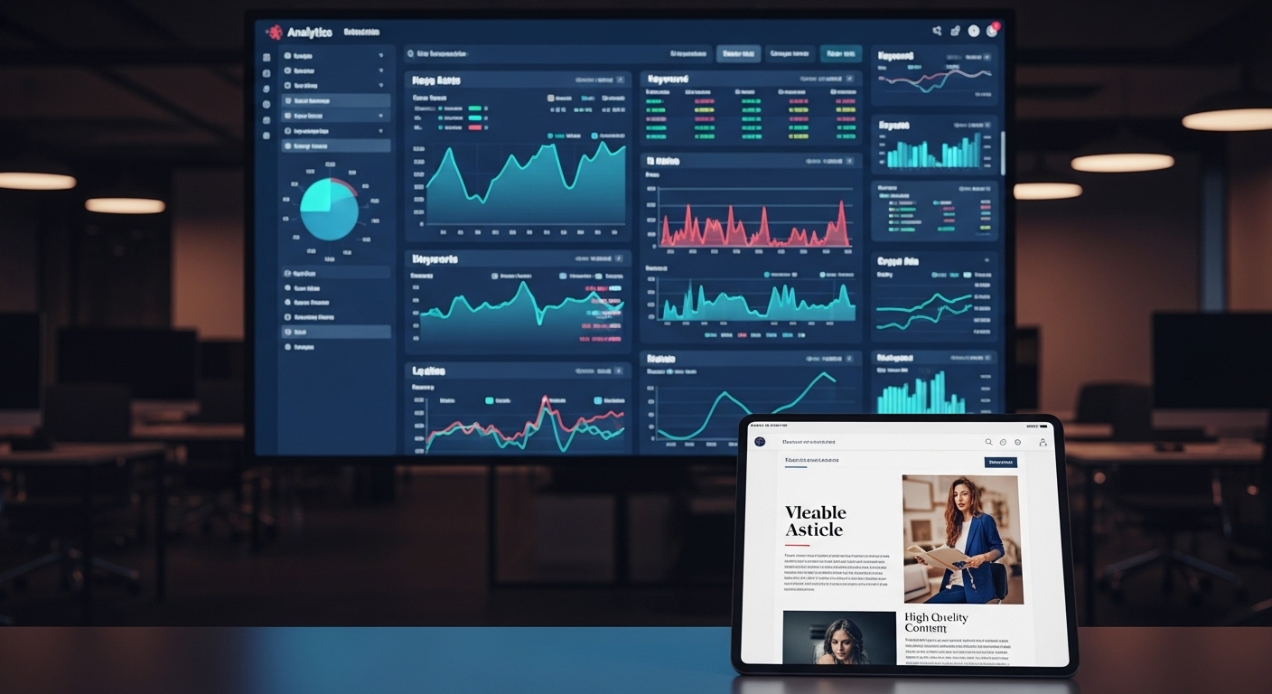 Bảng phân tích SEO hiển thị hiệu suất từ khóa và bài viết chất lượng cao trên máy tính bảng, là giải pháp tối ưu để khắc phục tình trạng thiếu nội dung bài viết và nâng cao thứ hạng.