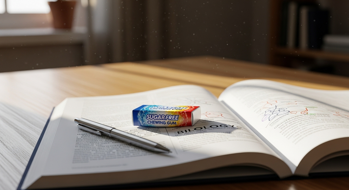 Gói kẹo cao su không đường trên sách giáo khoa mở và bút trên bàn gỗ sạch. Một mẹo vặt sức khỏe giúp duy trì sự tập trung khi học.