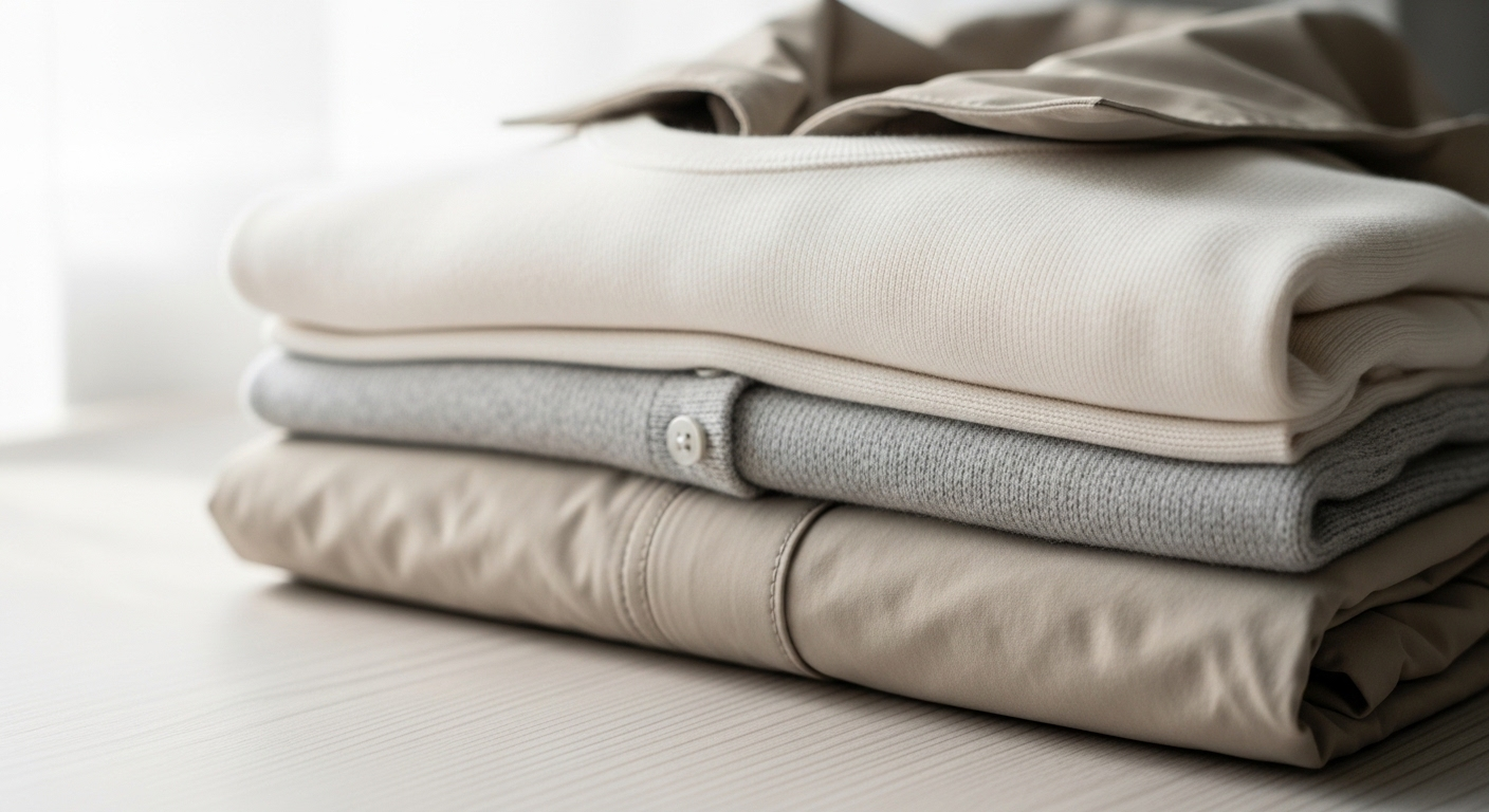 Chọn trang phục với chất liệu mềm mại, thoáng khí như áo cotton, len mỏng và áo khoác nhẹ là một trong những mẹo giữ sức khỏe mẹ bầu quan trọng. Hình ảnh thể hiện chồng quần áo lý tưởng này.