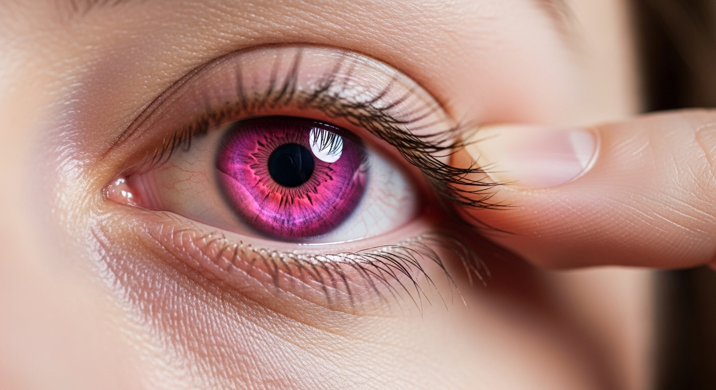 Cận cảnh mắt người, tay kéo mí dưới để kiểm tra sức khỏe tại nhà, lộ niêm mạc hồng hào khỏe mạnh.