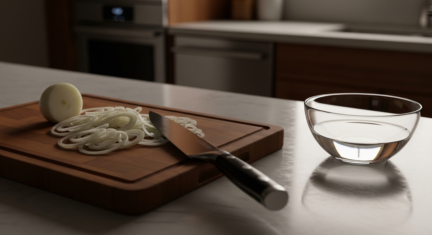 Thớt gỗ, hành tây thái lát và dao sắc trên bàn bếp sáng. Gợi ý các mẹo vặt cho người nội trợ về việc chuẩn bị bữa ăn.