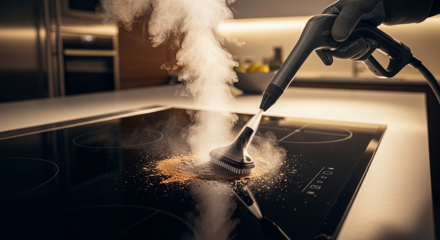 Vòi phun hơi nước với bàn chải mềm đang làm sạch vết bẩn khô trên bếp từ đen bóng. Công nghệ làm sạch bằng hơi nước này cũng hiệu quả tương tự khi vệ sinh lò nướng.