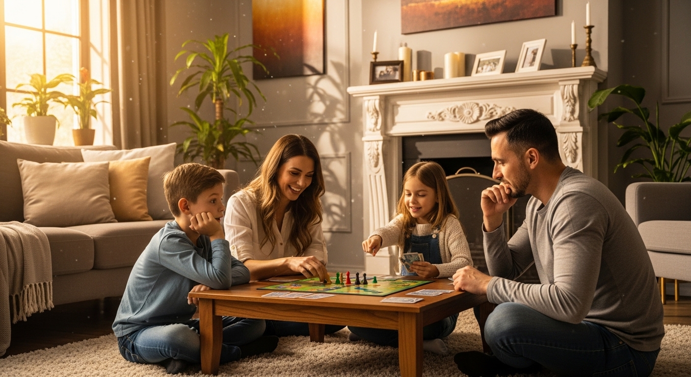 Gia đình (hai người lớn, hai trẻ em) thoải mái chơi cờ bàn trên thảm trong phòng khách ấm cúng, một khoảnh khắc gắn kết giúp giữ gìn sức khỏe cho gia đình qua niềm vui và tương tác.