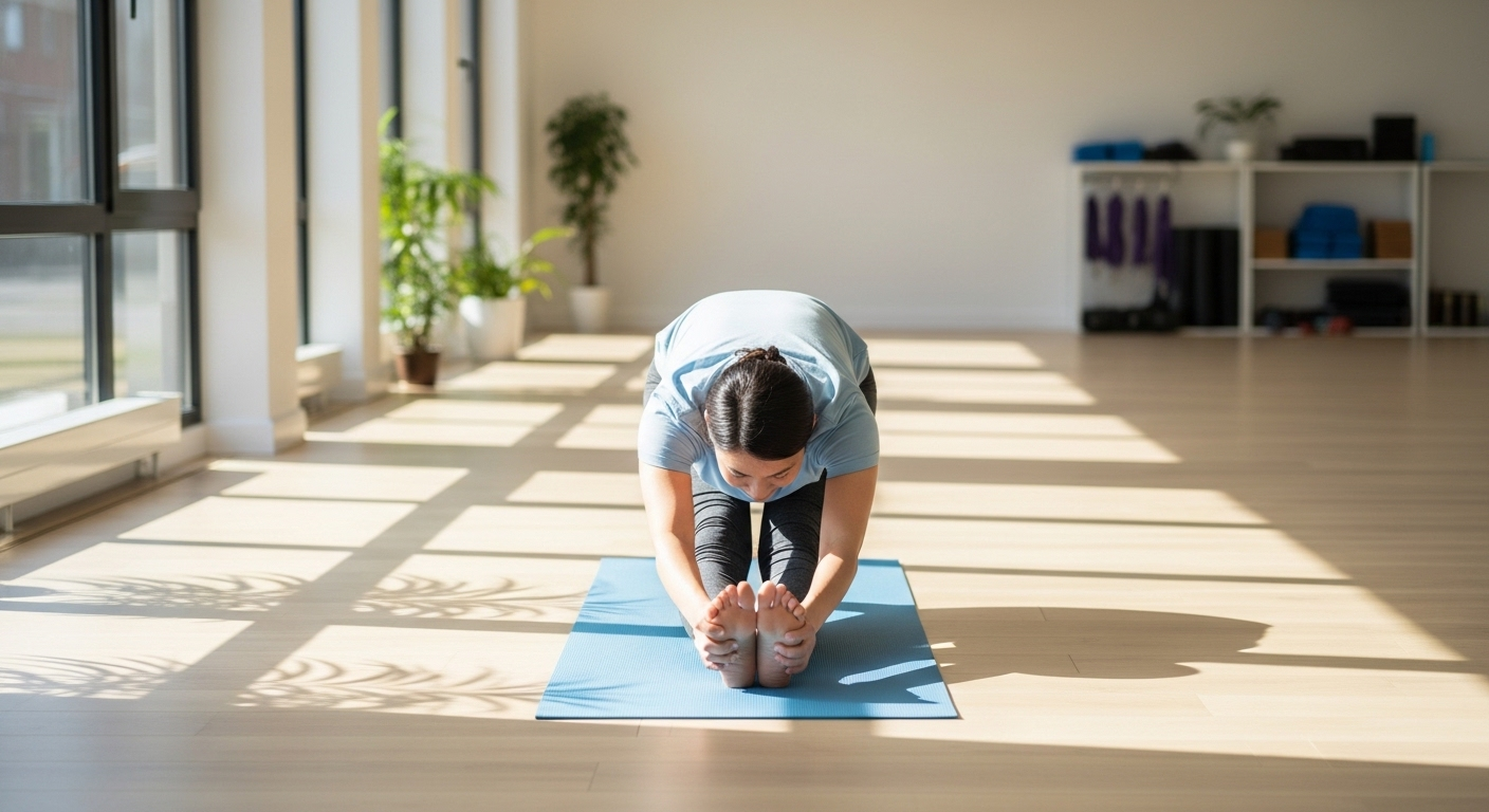 Hình ảnh một người tập giãn cơ nhẹ nhàng trên thảm yoga trong studio sáng sủa, rộng rãi, chăm sóc Sức khỏe tuổi 40.