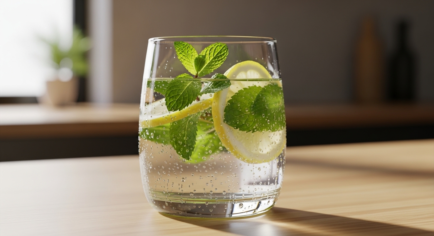 Ly nước trong vắt với lá bạc hà xanh tươi và lát chanh vàng, một mẹo tăng năng lượng tự nhiên và sảng khoái. Ly nước trong vắt với lá bạc hà xanh tươi và lát chanh vàng, một mẹo tăng năng lượng tự nhiên và sảng khoái.