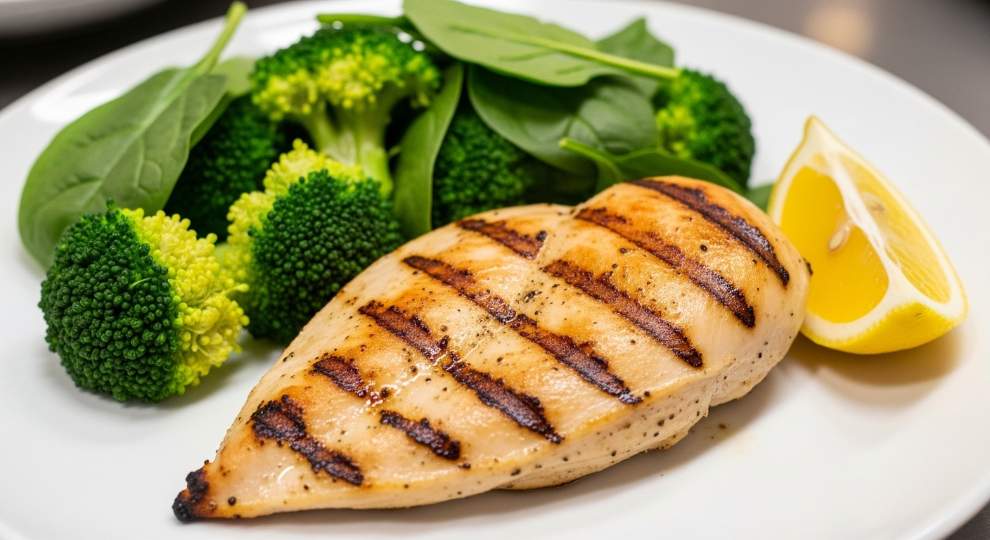 Ức gà nướng không da và rau xanh hấp tươi ngon, điểm xuyết lát chanh vàng. Bữa ăn lành mạnh lý tưởng để giảm mỡ máu hiệu quả.