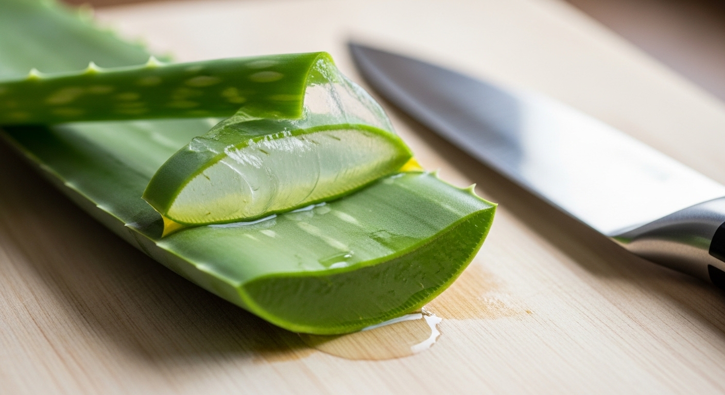 Lá nha đam đã gọt vỏ một phần trên thớt, lộ rõ gel trong suốt và lớp nhựa vàng dưới da. Hình ảnh minh họa cách làm nha đam hết nhớt hiệu quả để chuẩn bị sử dụng.