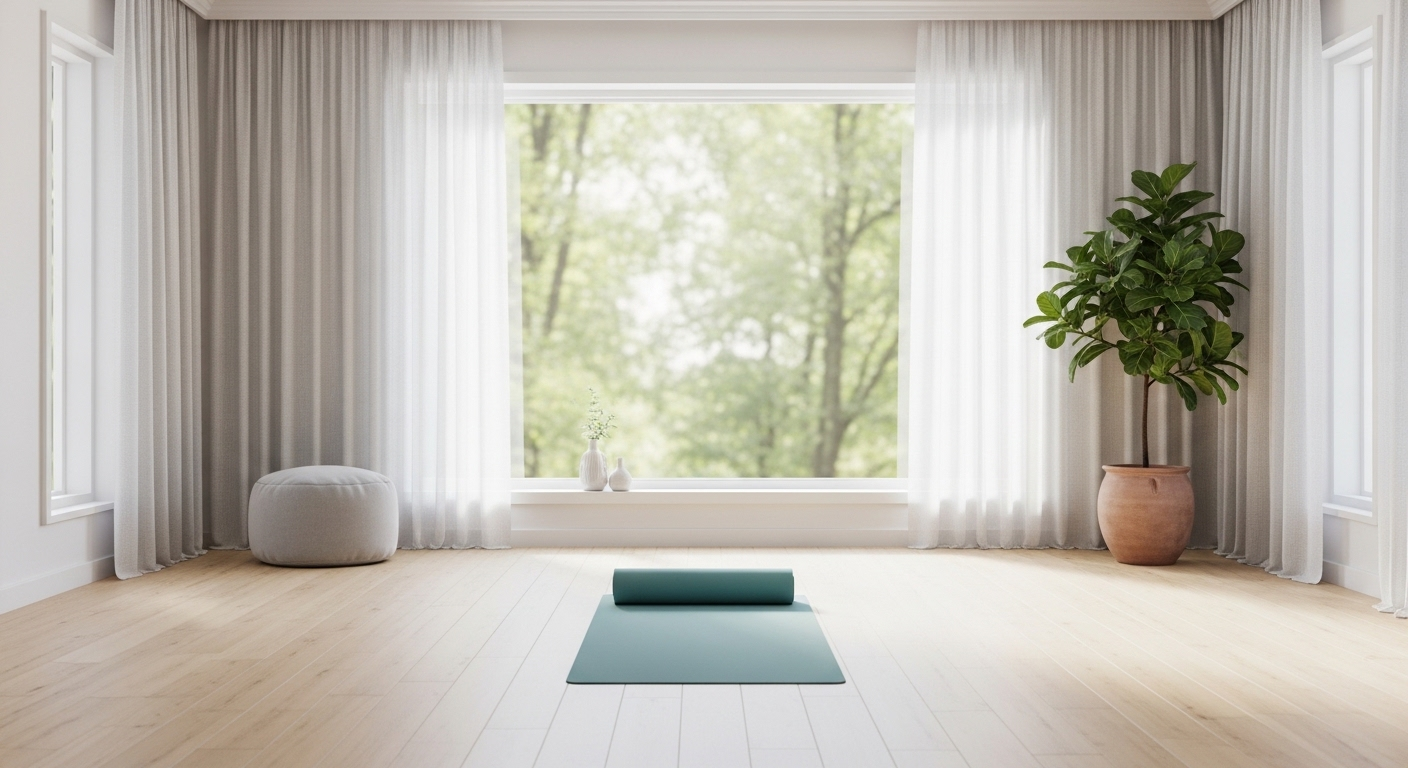 Không gian tập yoga tại nhà yên bình với thảm cuộn gọn trên sàn gỗ sáng, ánh sáng tự nhiên, hoàn hảo để giữ gìn sức khỏe mùa đông.