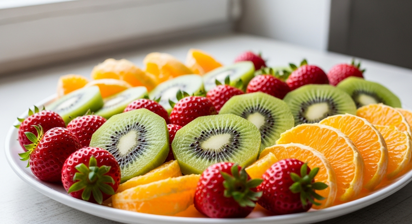 Đĩa trái cây tươi ngon gồm cam, dâu tây đỏ và kiwi xanh mọng, giàu vitamin C – lựa chọn tuyệt vời khi bạn băn khoăn Thiếu máu nên ăn gì.