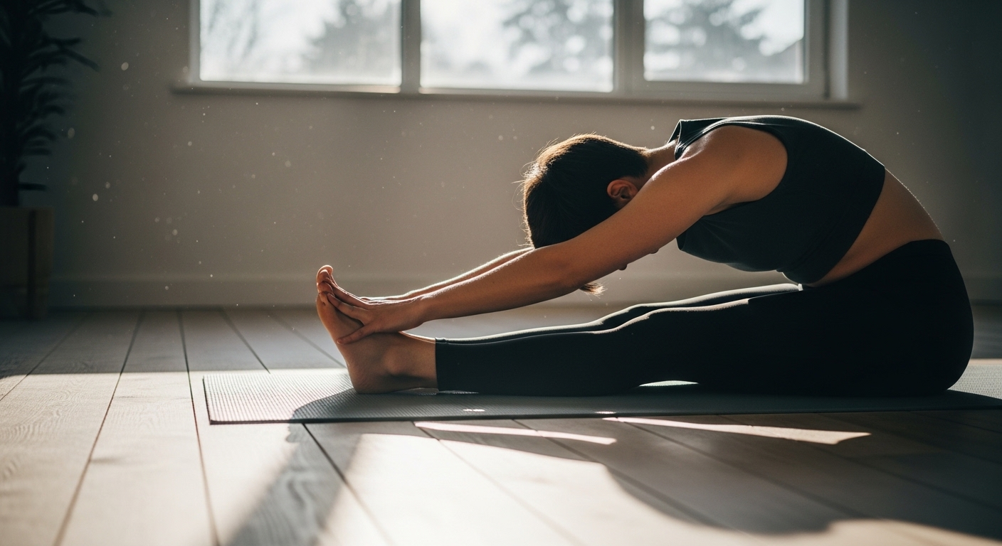 Một người đang tập giãn cơ nhẹ nhàng trên thảm yoga trong không gian tràn ánh sáng, một mẹo sức khỏe hằng ngày đơn giản.