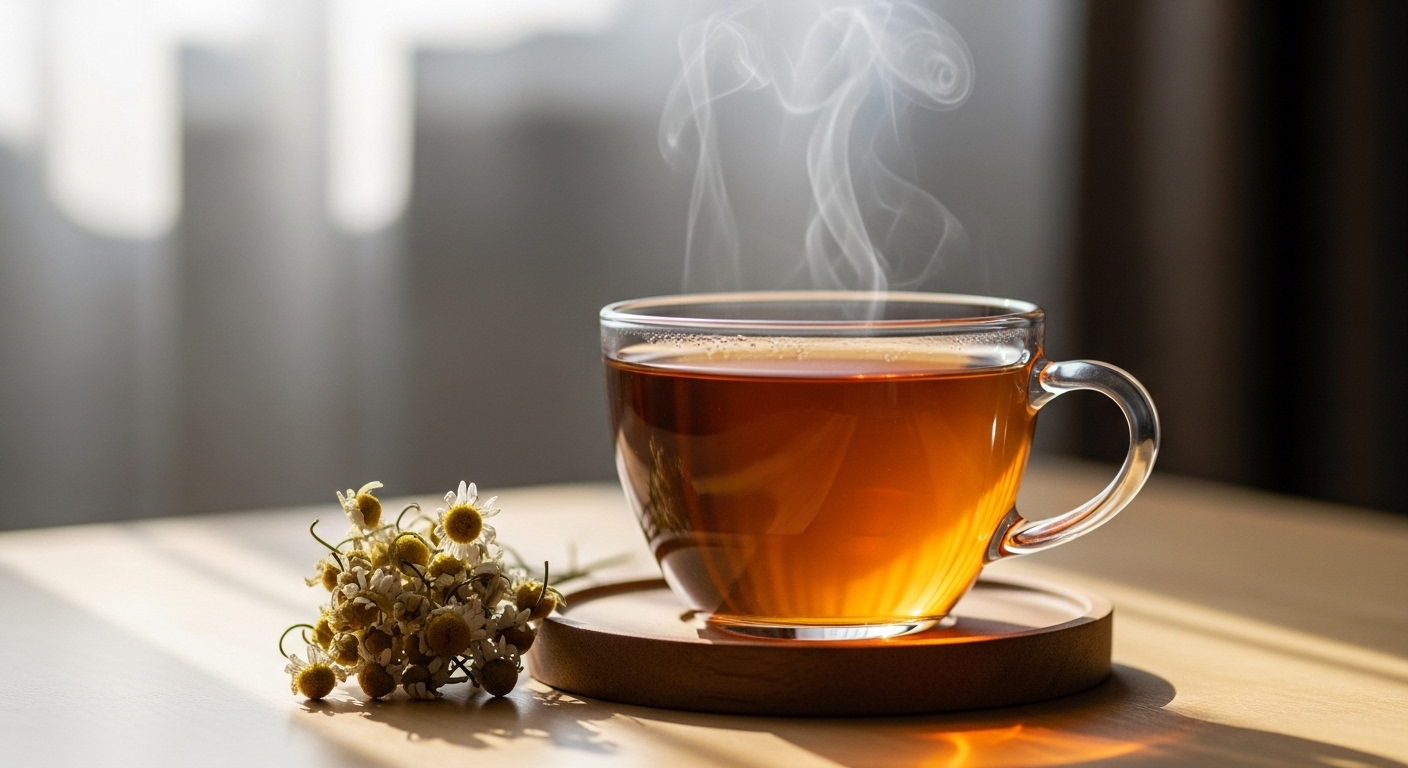 Tách trà thảo mộc nóng hổi và hoa cúc khô trên đế gỗ, thức uống lý tưởng giúp bạn khỏe mạnh mỗi ngày.