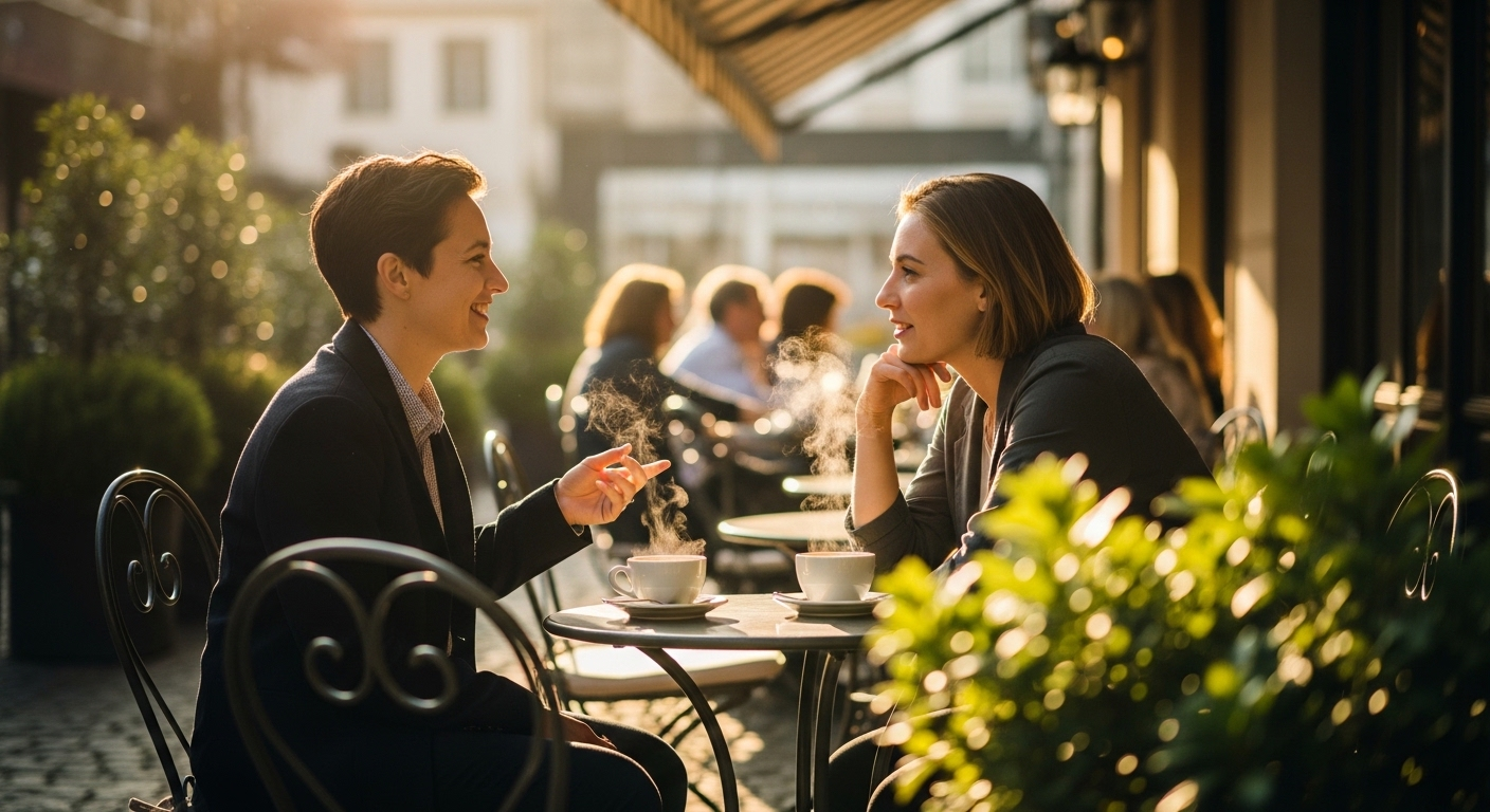 Hai người trò chuyện vui vẻ bên ly cà phê tại quán ngoài trời, thể hiện sự kết nối xã hội giúp tăng cường sức khỏe.