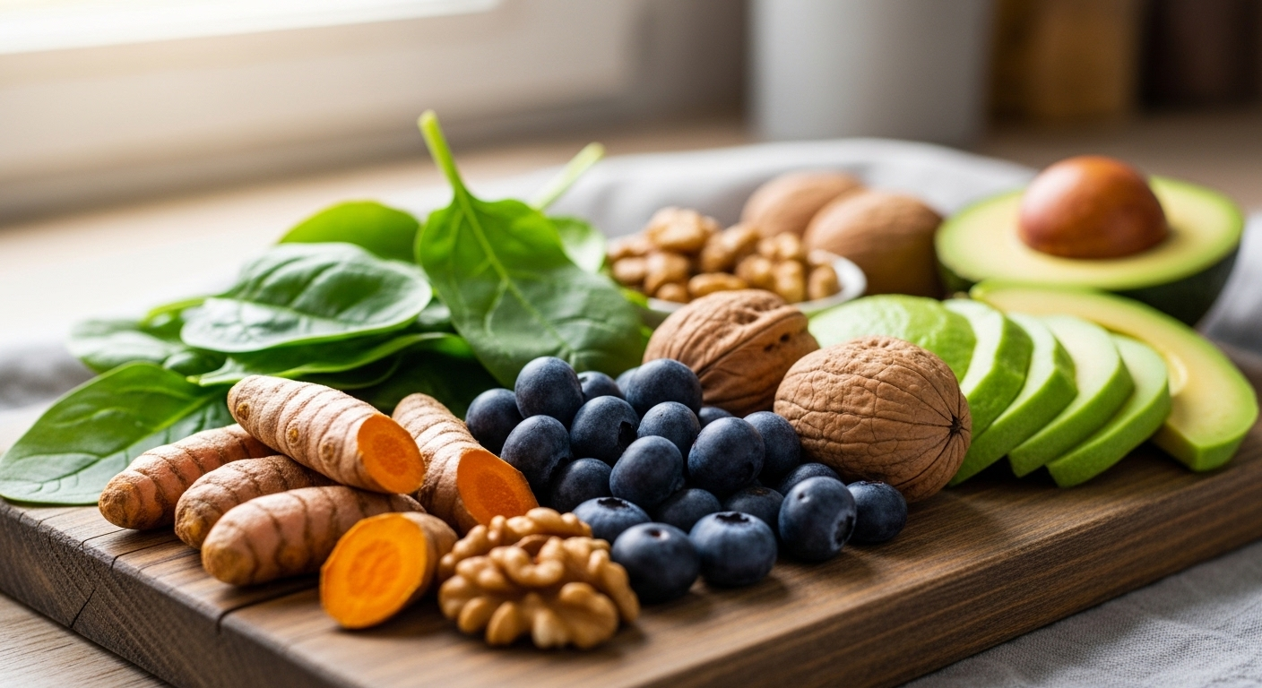 Mâm thực phẩm chống viêm đẹp mắt trên thớt gỗ gồm nghệ tươi, rau bina, việt quất, óc chó và bơ – gợi ý cho cách chăm sóc sức khỏe cơ thể và tinh thần hiệu quả.
