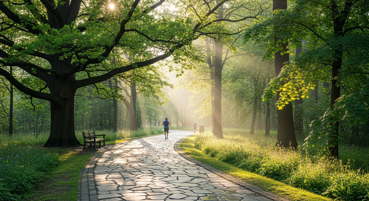Con đường công viên xanh mướt uốn lượn trong nắng sớm, có người đi bộ xa xa để tăng cường sức khỏe.