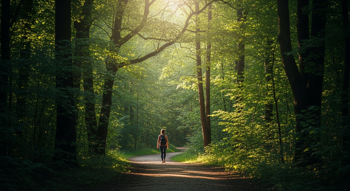 Cảnh một người đi bộ trên lối mòn quanh co trong rừng xanh mướt với ánh nắng dịu nhẹ, một bí quyết khỏe mạnh từ thiên nhiên.