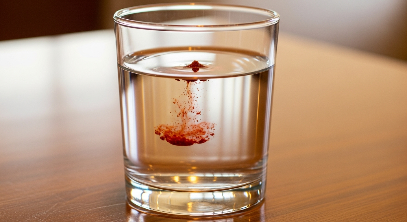 Ly nước với bột ớt tự nhiên đang từ từ chìm, tạo màu đỏ nhạt và độ đục nhẹ, minh họa cách phân biệt ớt bột thật giả.