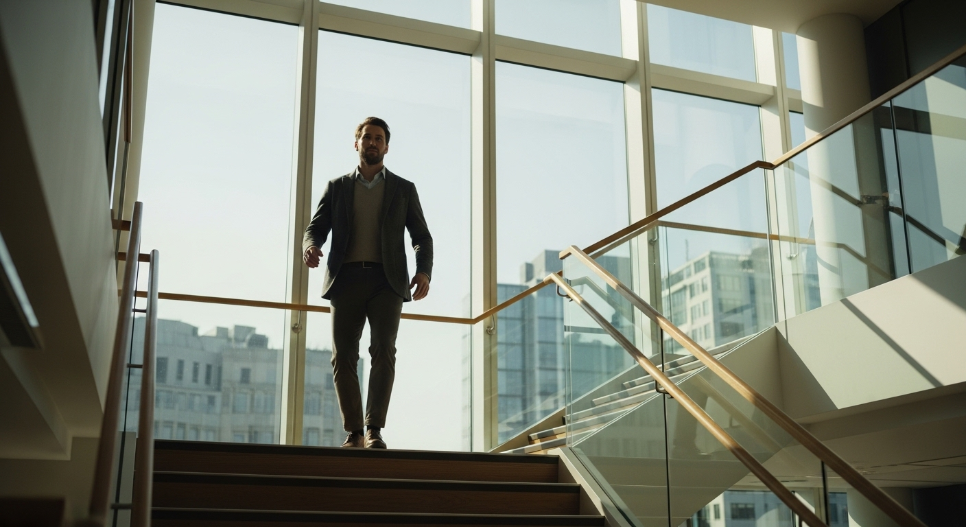 Nhân viên văn phòng đi bộ lên cầu thang tràn ngập ánh sáng tự nhiên trong tòa nhà hiện đại, một mẹo để khỏe mạnh hơn.