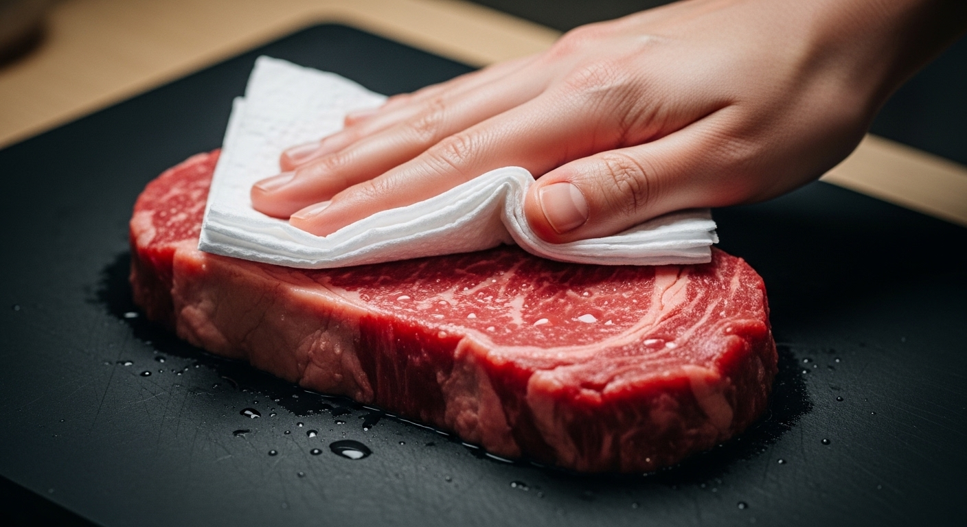 Tay nhẹ nhàng dùng khăn giấy thấm khô miếng bít tết bò sống đỏ tươi, vân mỡ đẹp trên thớt đen – mẹo vặt nấu ăn quan trọng để se vàng giòn hoàn hảo.