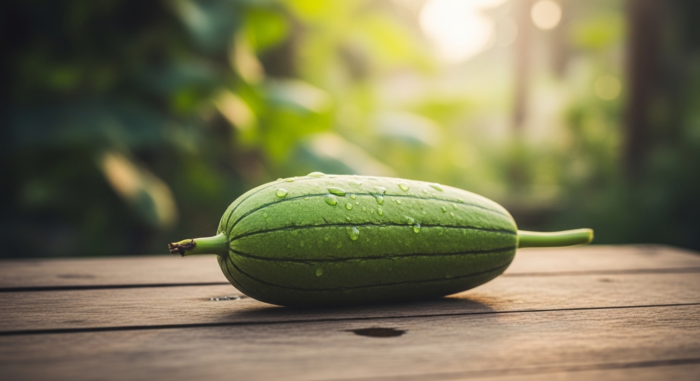 Mướp hương tươi xanh mới hái trên bàn gỗ, nguyên liệu tuyệt vời cho các mẹo vặt nấu ăn.