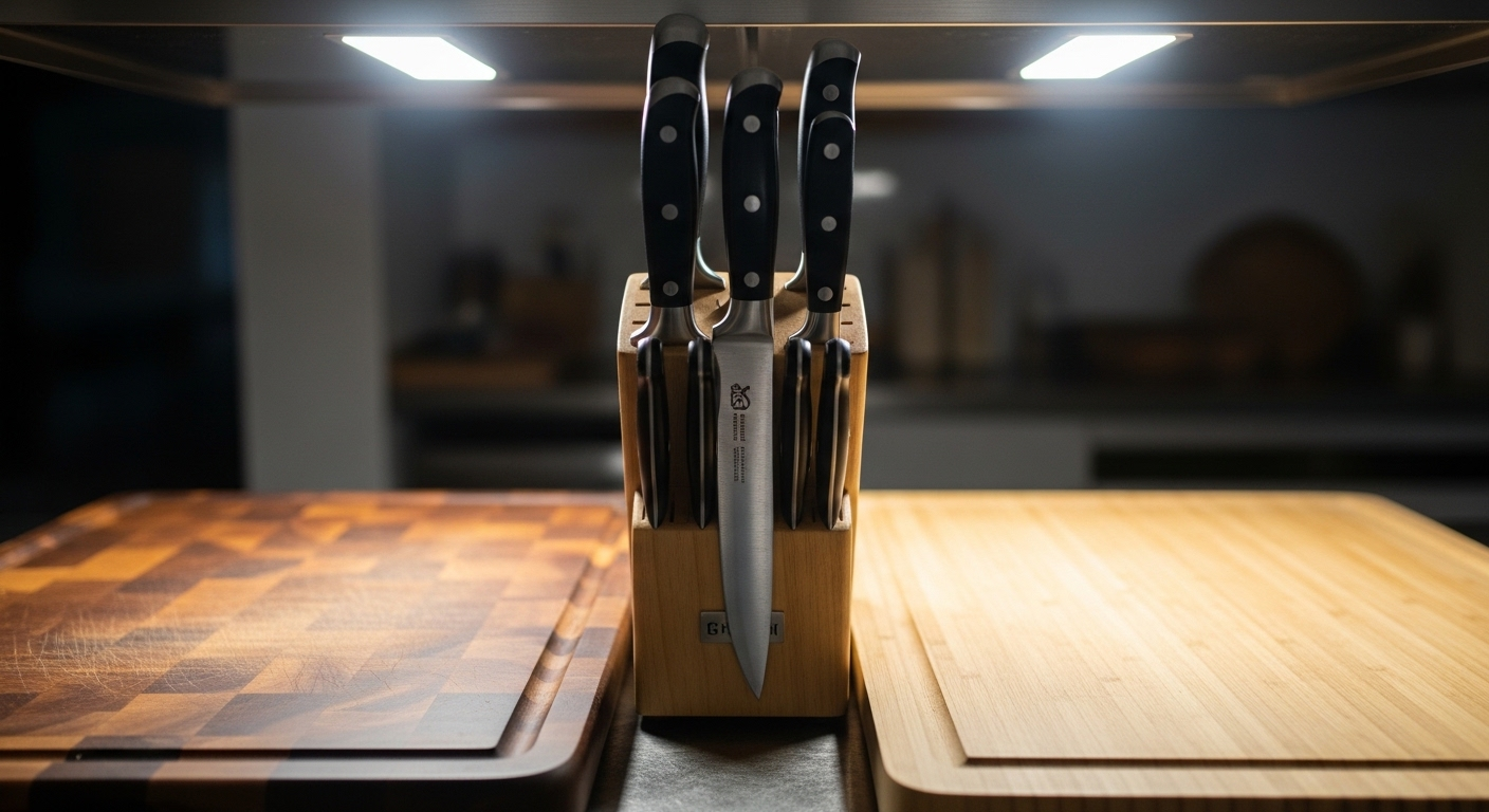 Dao làm bếp sắc bén trong giá gỗ và thớt riêng biệt cho thực phẩm sống/chín, minh họa các mẹo vặt trong nấu ăn giữ bếp sạch sẽ và an toàn. Dao làm bếp sắc bén trong giá gỗ và thớt riêng biệt cho thực phẩm sống/chín, minh họa các mẹo vặt trong nấu ăn giữ bếp sạch sẽ và an toàn.