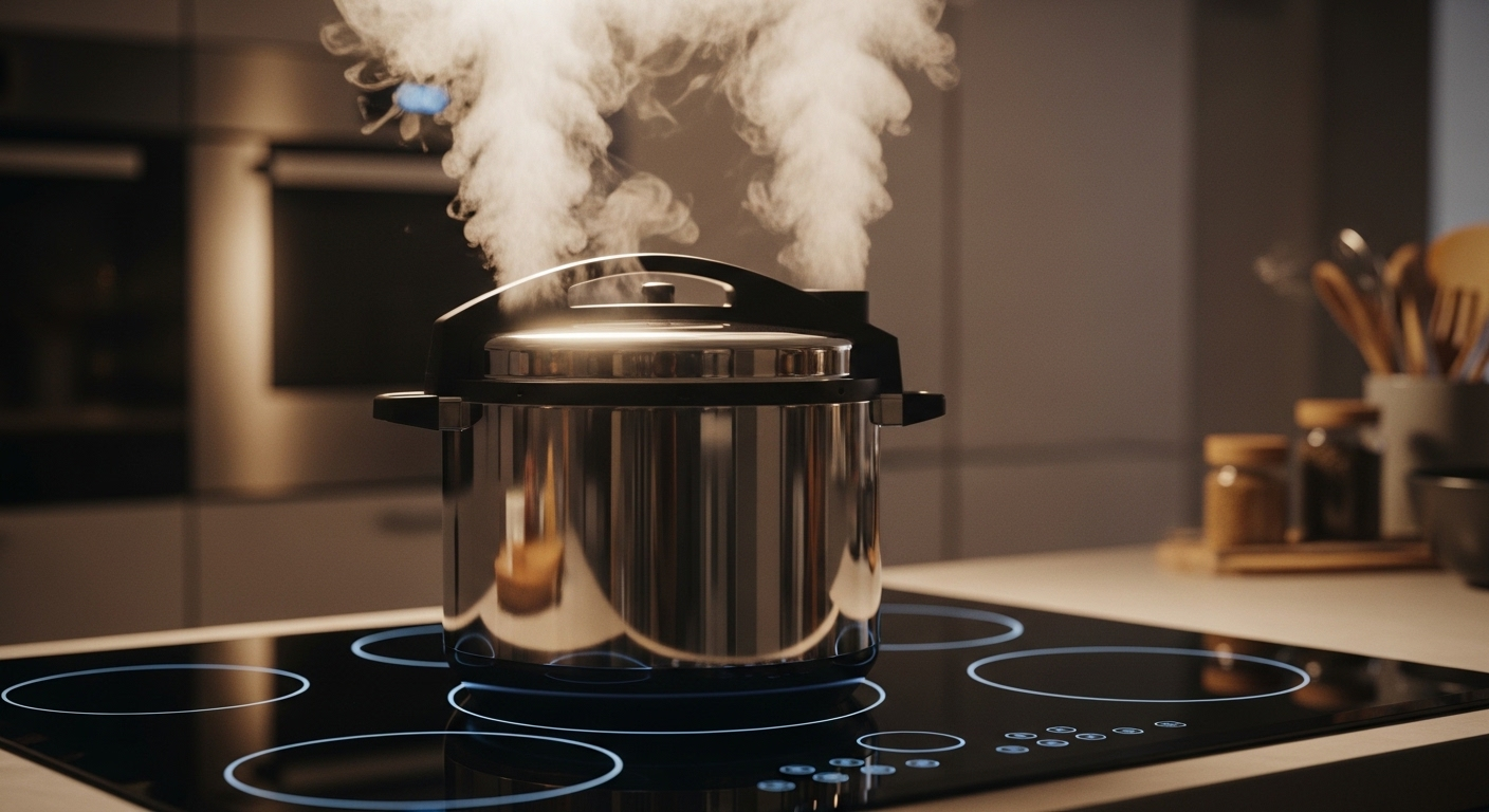 Nồi áp suất điện inox sáng bóng đang bốc hơi trên bếp từ hiện đại. Một trong những mẹo vặt nhà bếp hiệu quả giúp nấu ăn nhanh gọn.