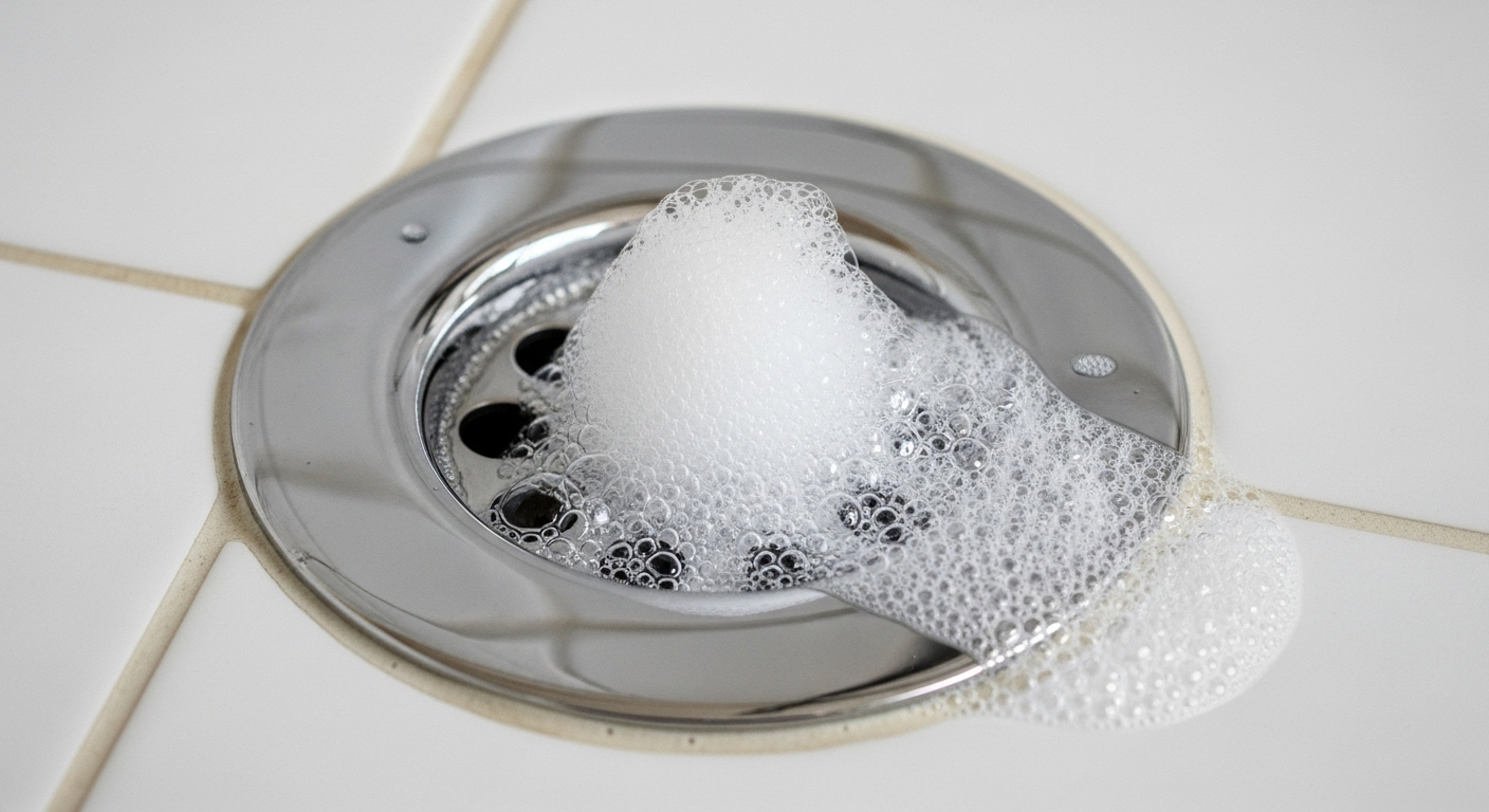 Cận cảnh cống thoát nước nhà tắm bằng chrome đang sủi bọt trắng mịn từ hỗn hợp baking soda và giấm, minh họa cách thông ống thoát nước nhà tắm hiệu quả.