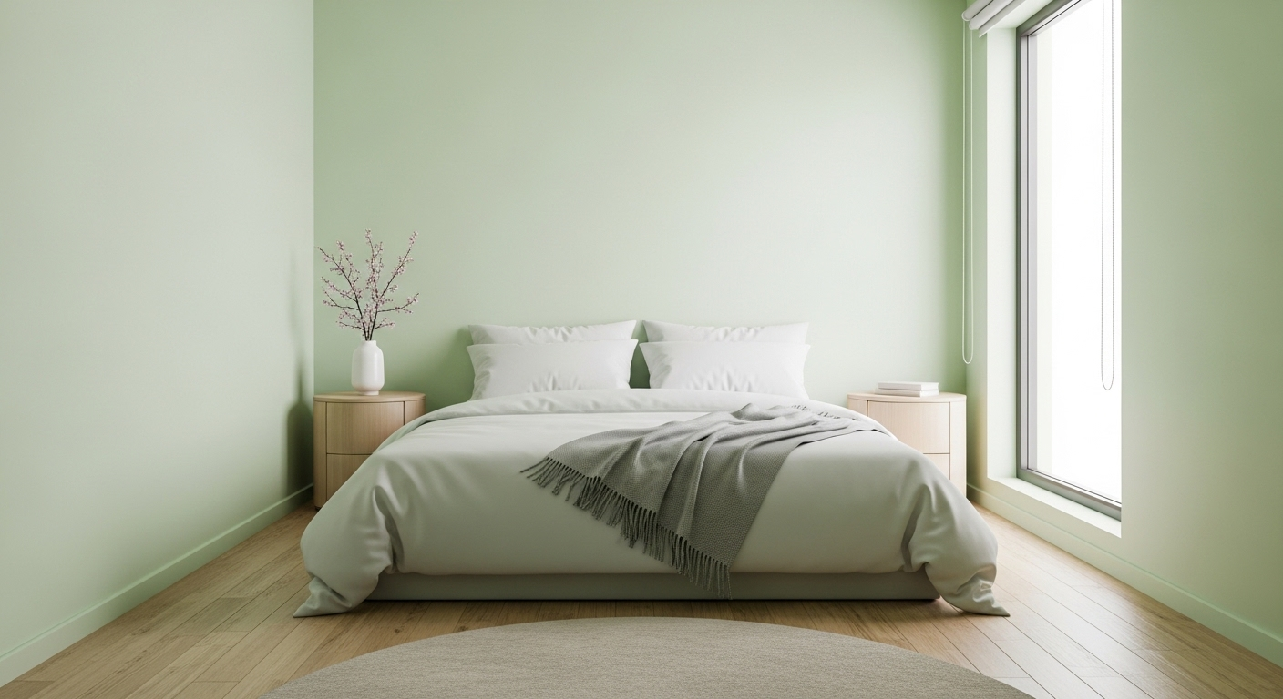 Phòng ngủ tối giản, tường xanh pastel, ga trắng tinh. Trang trí nhà cửa gọn gàng, hiện đại với ánh sáng tự nhiên dịu nhẹ.