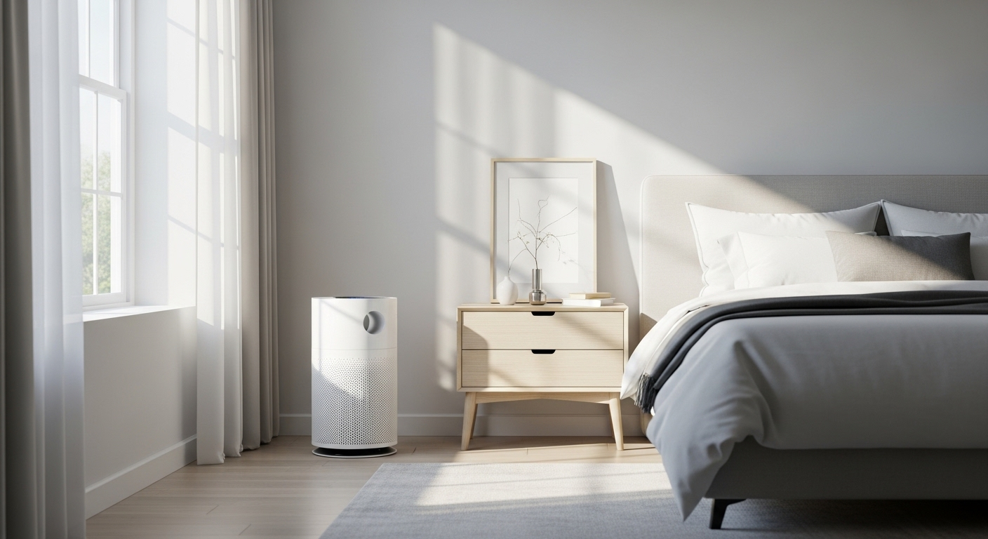 Máy lọc không khí hiện đại đặt gọn gàng trong góc phòng ngủ sáng sủa, tối giản, tạo không gian trong lành.
