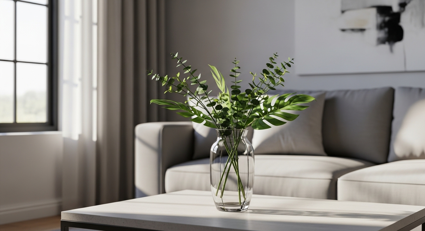 Bình hoa thủy tinh thiết kế hình học với cành cây xanh, là đồ decor trang trí phòng khách hiện đại trên bàn trà tối giản.