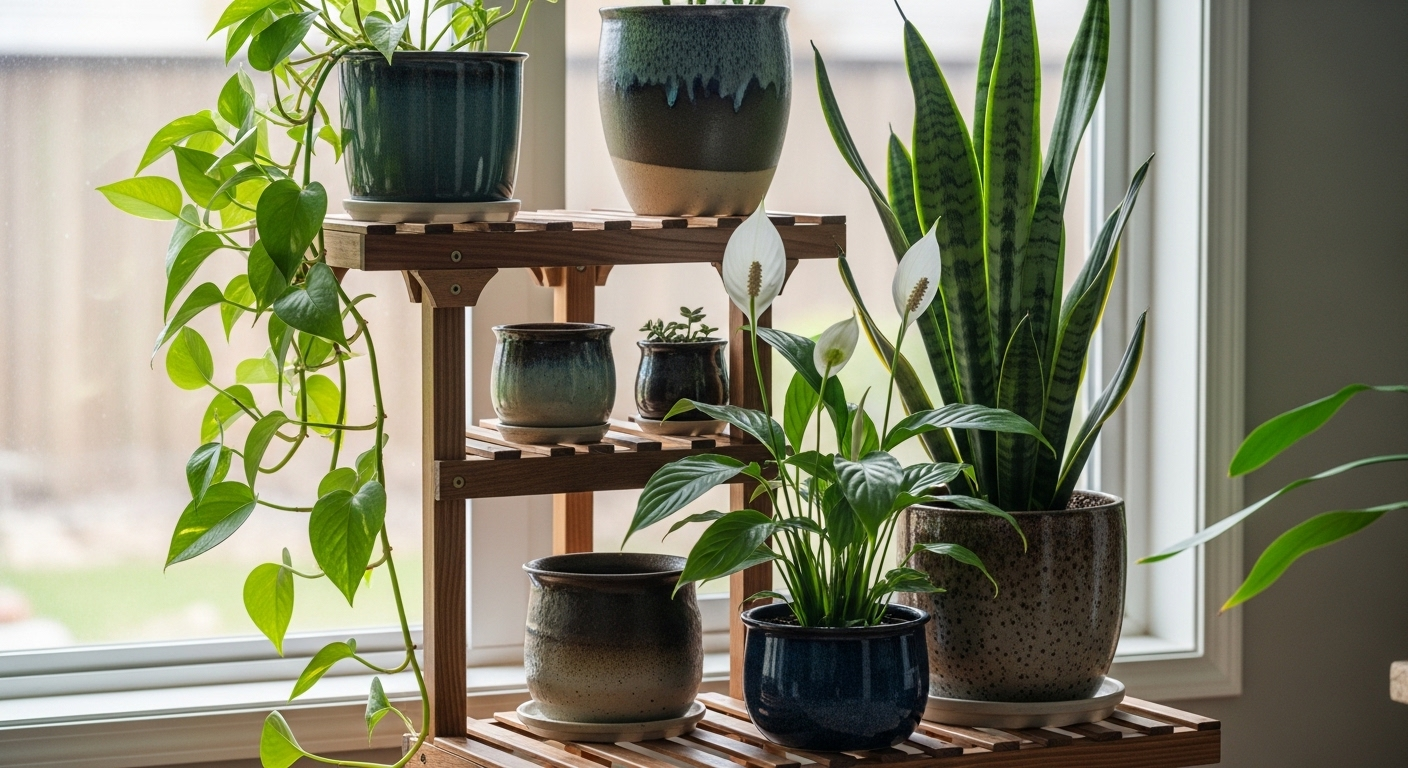 Kệ cây gỗ nhiều tầng trưng bày đa dạng cây cảnh (trầu bà, lưỡi hổ, lan ý) trong chậu gốm, đất nung. Một ý tưởng trang trí nhà cửa tinh tế, ngập tràn ánh sáng tự nhiên từ cửa sổ.