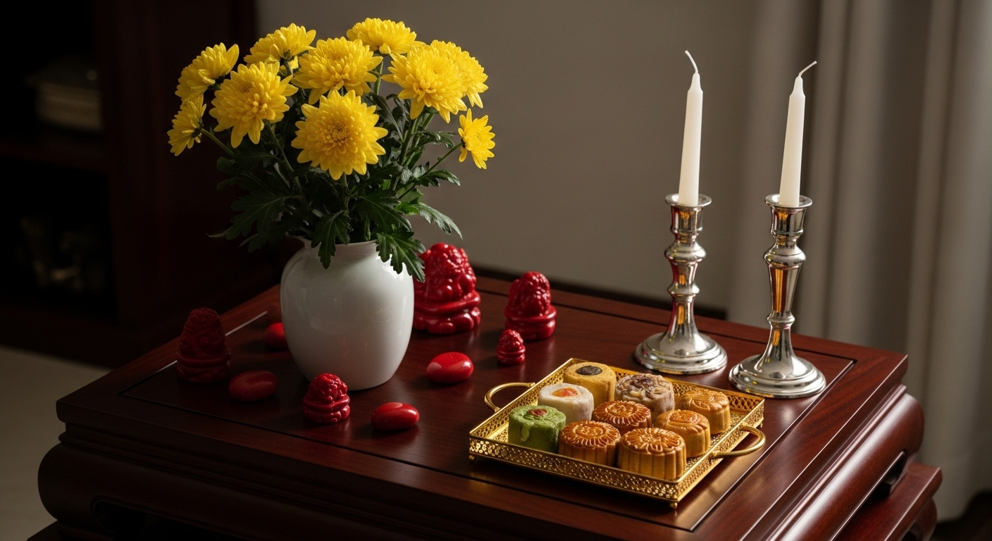 Kệ gỗ tối màu trang trí nhà cửa đón Tết ấm cúng với bình hoa cúc vàng tươi, phụ kiện đỏ, khay bánh kẹo truyền thống và nến.