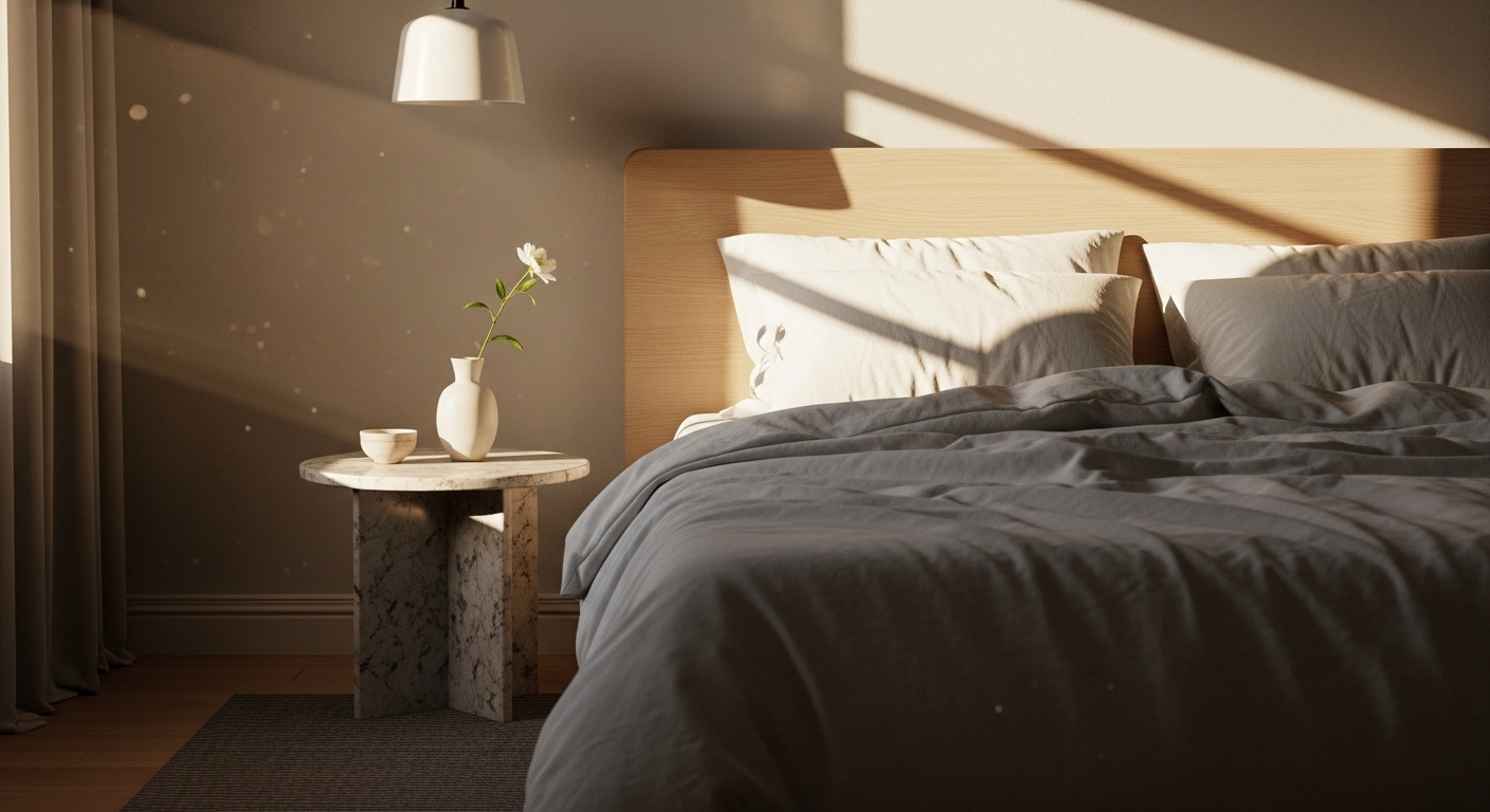 Phòng ngủ yên bình với phong cách trang trí nhà tiết kiệm, nổi bật với giường ga trắng tinh, đầu giường gỗ sáng, bàn đá nhỏ và hoa trắng tối giản trong ánh sáng tự nhiên dịu nhẹ.