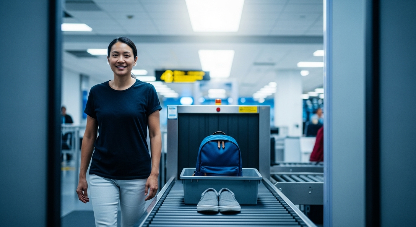 Một người mỉm cười tự tin đi qua an ninh sân bay với trang phục đơn giản, không kim loại, cho thấy lợi ích của việc biết không nên mặc gì khi đi máy bay để có chuyến đi suôn sẻ.