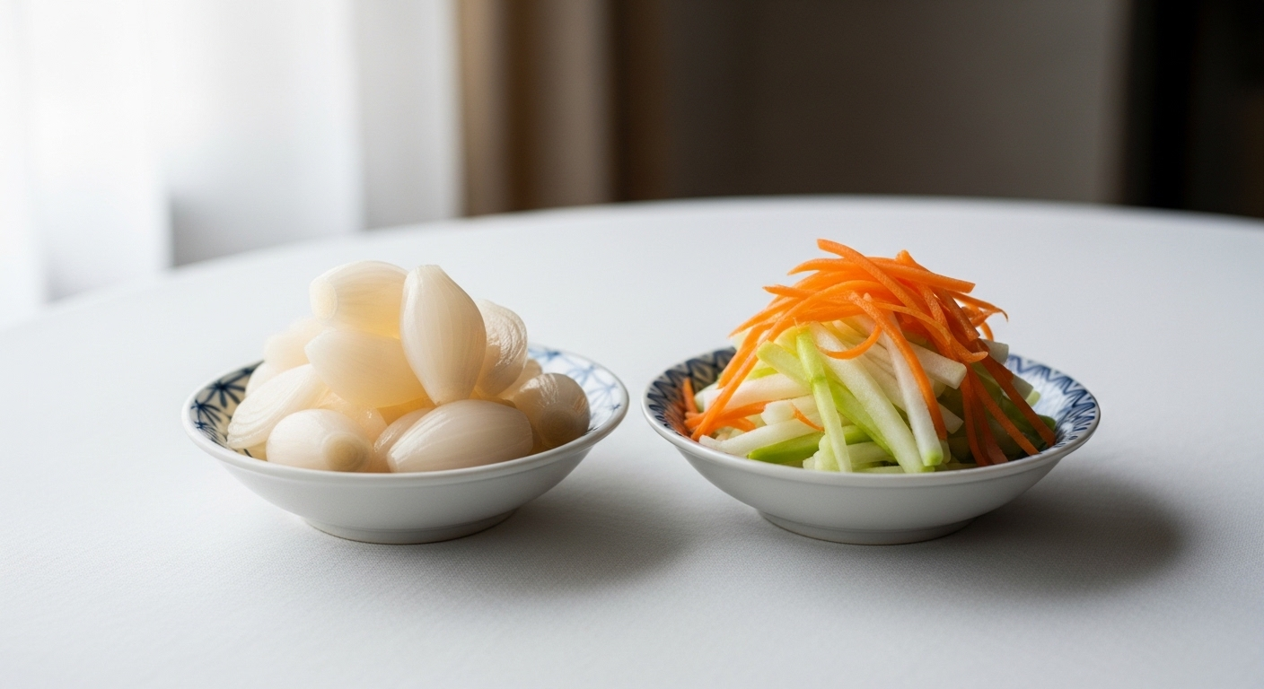 Dĩa dưa hành trắng trong và dưa góp cam xanh giòn mát, là món ăn kèm truyền thống lý tưởng giúp cân bằng vị giác khi thưởng thức các món đậm đà như rán bánh chưng bằng nước lọc.