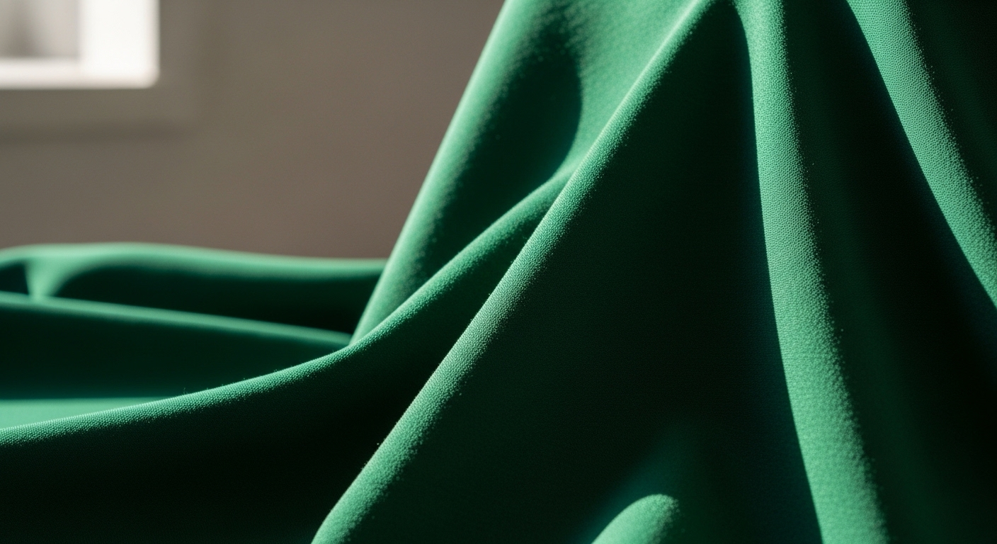 Vải xanh ngọc lục bảo mềm mại, có độ rủ nhẹ, được gấp tinh xảo dưới ánh sáng tự nhiên. Gợi ý trang phục tuyệt đẹp cho những ai đang tìm kiếm Mùng 1 Tết 2026 mặc màu gì.