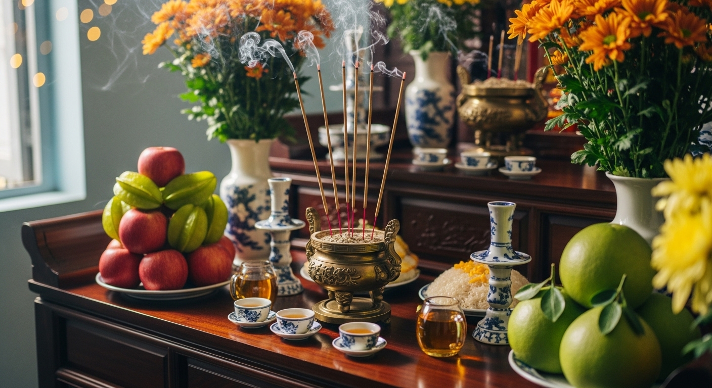 Cận cảnh bàn thờ tổ tiên trang nghiêm ngày Tết với hoa cúc vàng cam tươi, mâm ngũ quả và hương nghi ngút, gợi nhớ những phong tục truyền thống độc đáo như vì sao kiêng quét nhà đổ rác trong dịp năm mới.