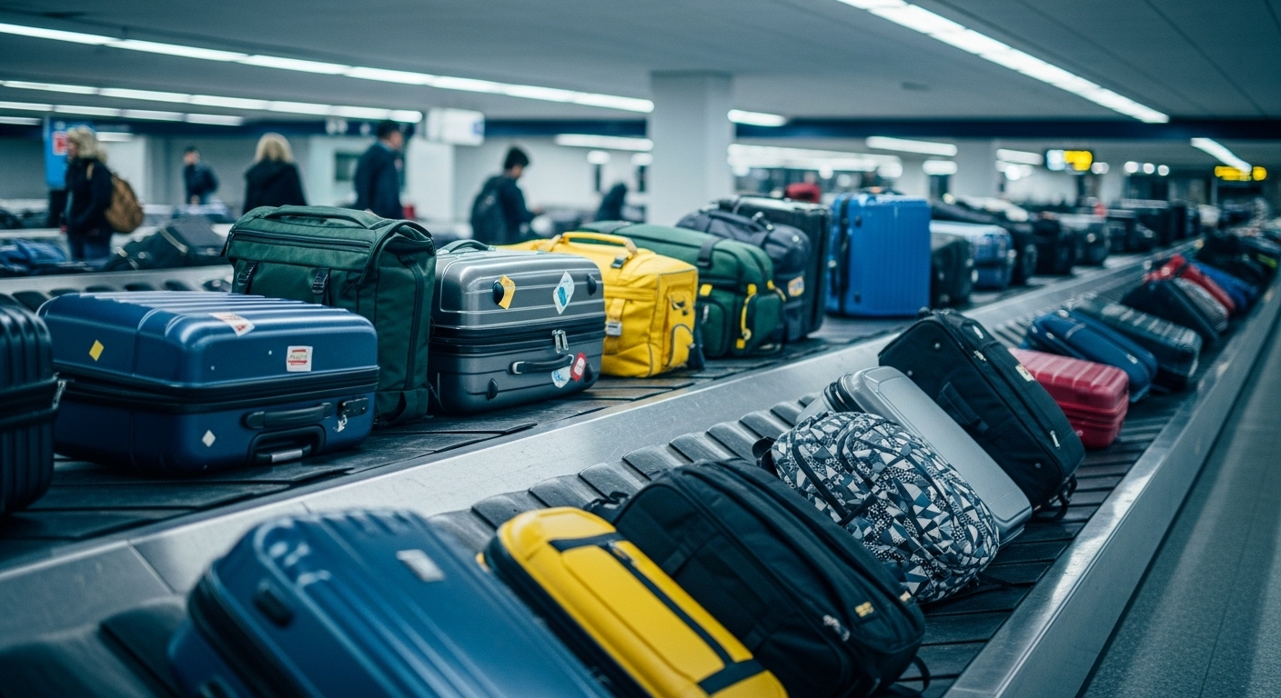 Vali du lịch cứng và mềm đủ màu sắc, kích cỡ đa dạng trên băng chuyền hành lý sân bay, minh họa cho kinh nghiệm chọn vali du lịch phù hợp.