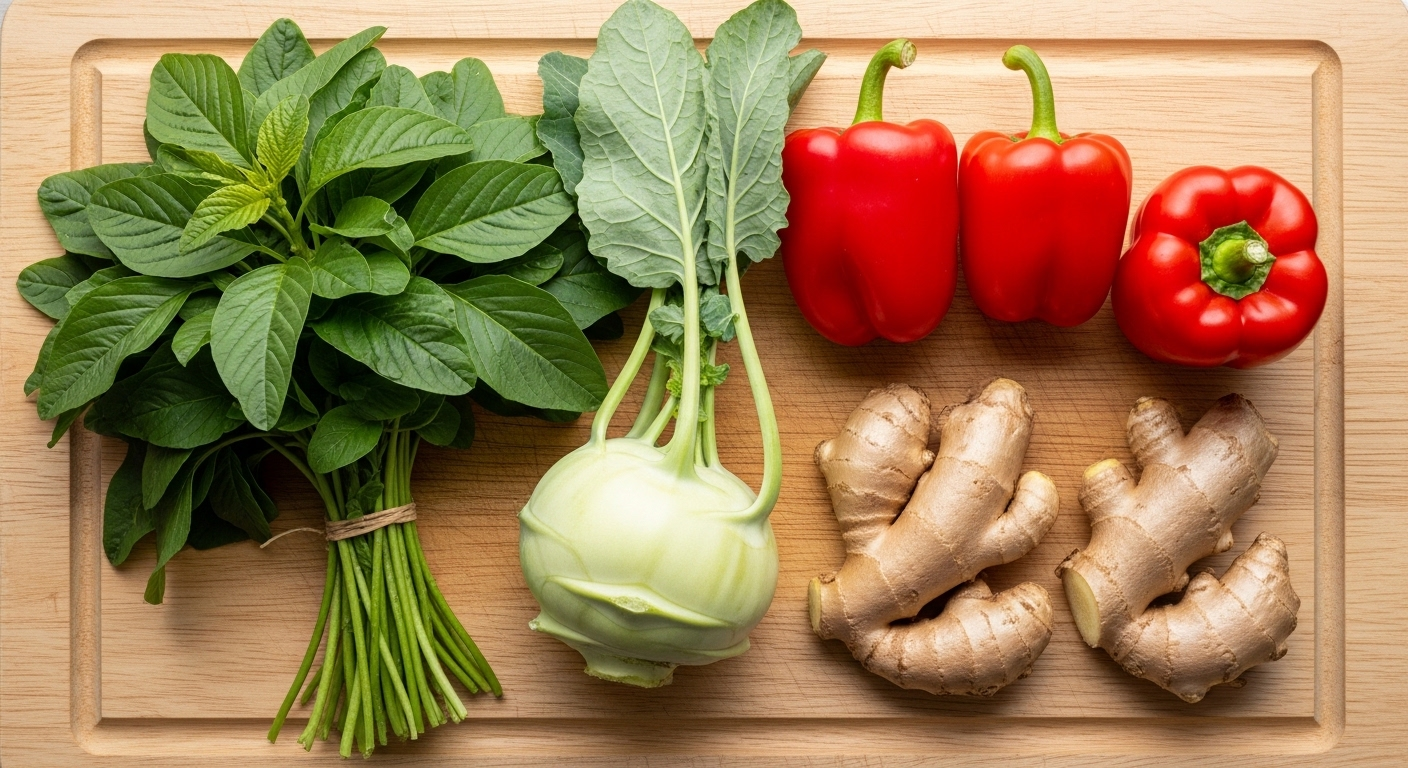 Rau củ tươi rói (rau dền, su hào, ớt chuông đỏ, gừng) trên thớt gỗ, sẵn sàng cho các món ăn dễ làm tại nhà.
