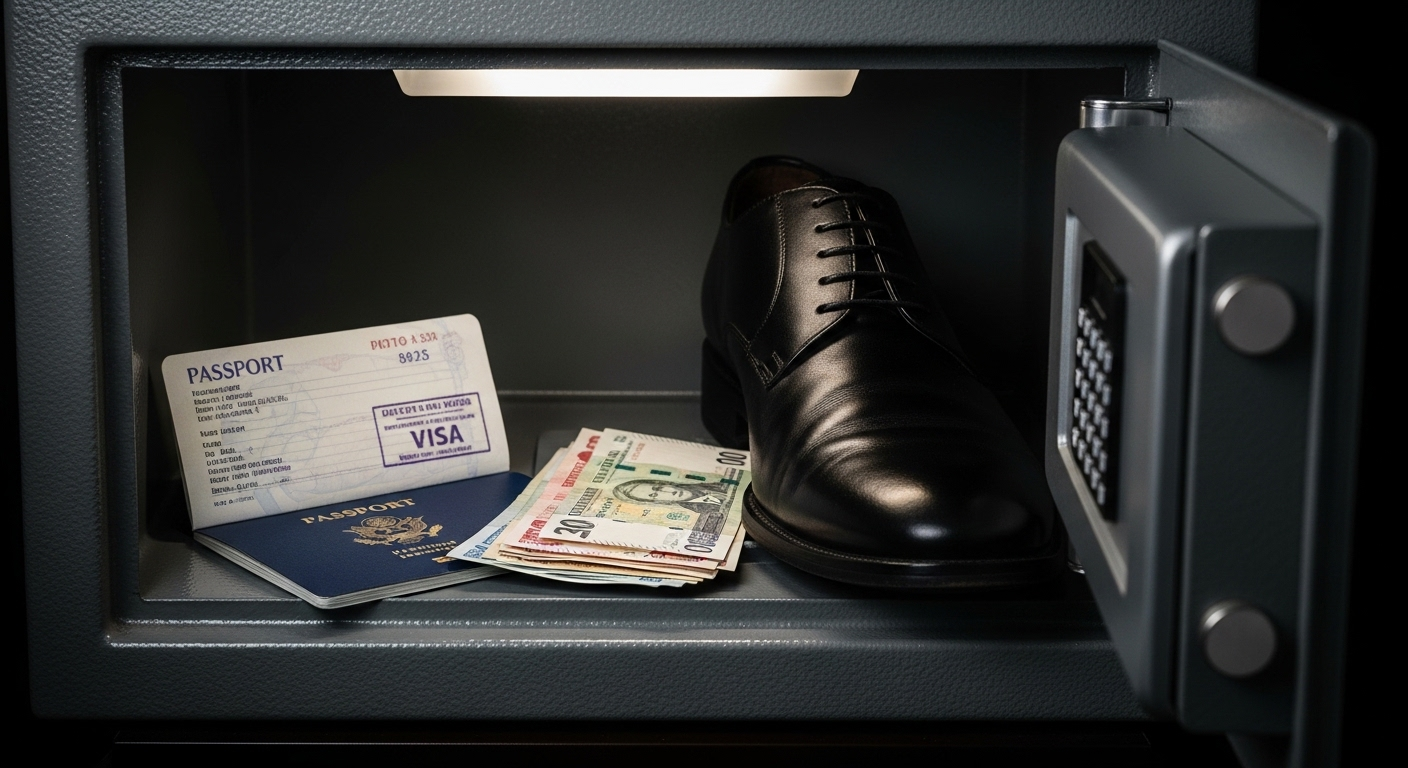 Két sắt mở trong phòng của một khách sạn dải ruy băng đỏ, chứa hộ chiếu, tiền mặt và một chiếc giày để bảo vệ tài sản có giá trị.