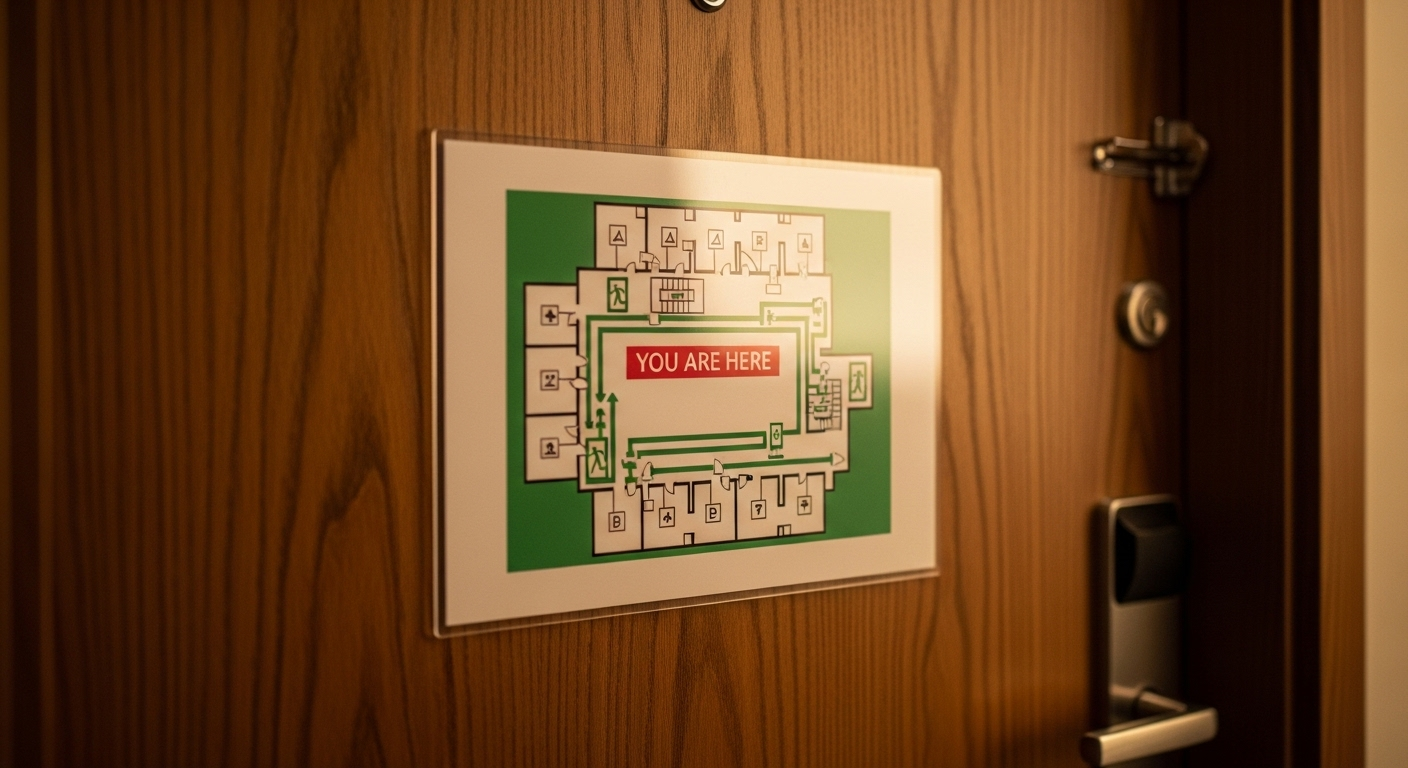 Cận cảnh cửa phòng khách sạn có bản đồ thoát hiểm khẩn cấp ép plastic với chữ 