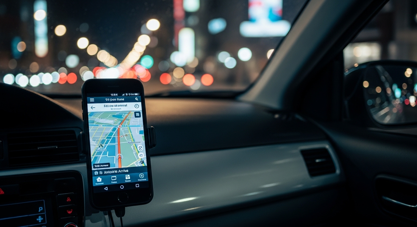 Nội thất taxi hiện đại với điện thoại hiển thị ứng dụng định vị trên bảng điều khiển và đèn thành phố mờ ảo. Bối cảnh liên quan đến mẹo du lịch an toàn cho nữ khi di chuyển đô thị. Nội thất taxi hiện đại với điện thoại hiển thị ứng dụng định vị trên bảng điều khiển và đèn thành phố mờ ảo. Bối cảnh liên quan đến mẹo du lịch an toàn cho nữ khi di chuyển đô thị.