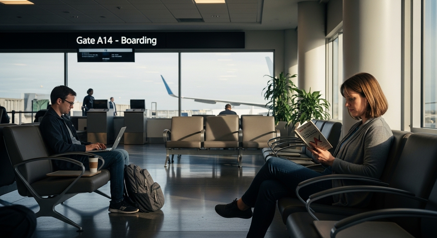 Khu vực chờ sân bay yên tĩnh, hành khách thoải mái đọc sách, làm việc dưới ánh sáng tự nhiên. Khung cảnh thanh bình này thể hiện một trong những lý do hành khách xếp hàng sớm lên máy bay để tận hưởng sự thư giãn trước chuyến bay.