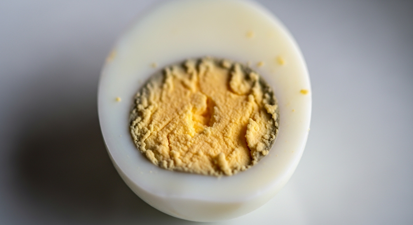 Trứng luộc chín cắt đôi, lòng đỏ khô, vàng nhạt với viền xanh xám rõ rệt. Tìm hiểu luộc trứng bao nhiêu phút để tránh tình trạng này và có lòng đỏ hoàn hảo.